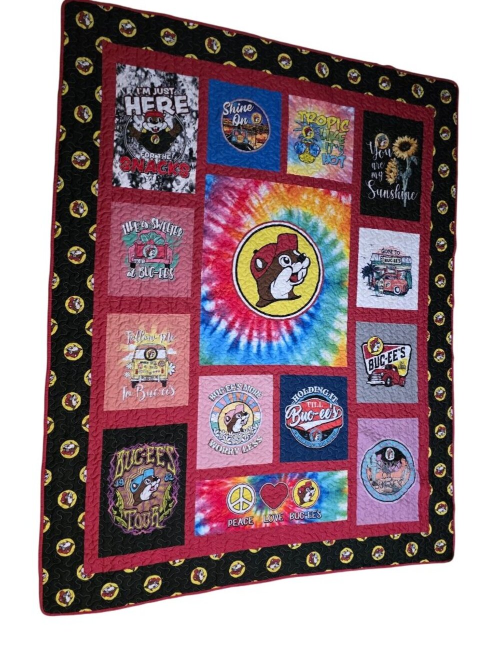 Buc-ees Blanket Quilted Quilt Throw 86 x 68 Bucees Red Patchwork Tie Dye